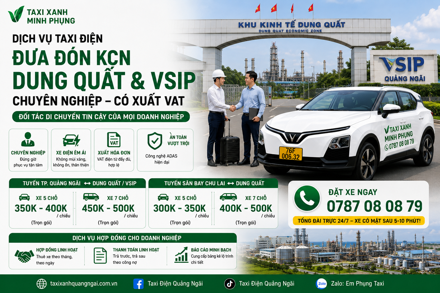 Dịch Vụ Taxi Điện Đưa Đón KCN Dung Quất & VSIP Quảng Ngãi - Chuyên Nghiệp, Có Xuất VAT